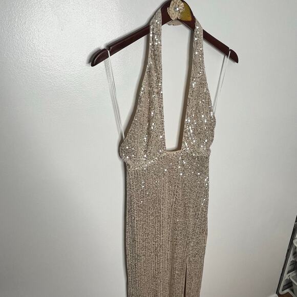 Hello Molly Womens Sequin Spotlight On Me Midi Dress M Silver Beige Prom Formal - Picture 5 of 14